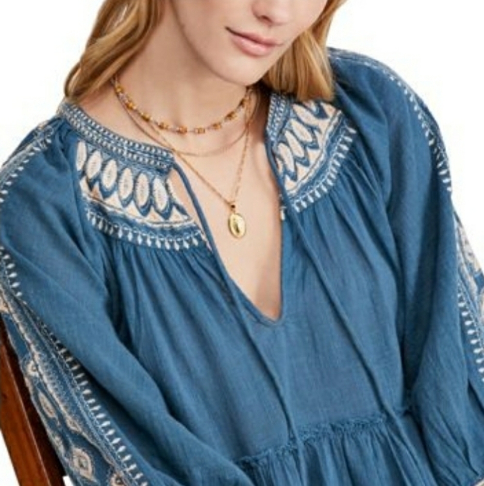 Free People Blue Embroidered 3/4 Sleeve Blouse